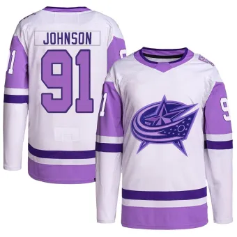 Men's Kent Johnson Columbus Blue Jackets Hockey Fights Cancer Primegreen Jersey - White/Purple Authentic