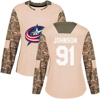 Women's Kent Johnson Columbus Blue Jackets Veterans Day Practice Jersey - Camo Authentic